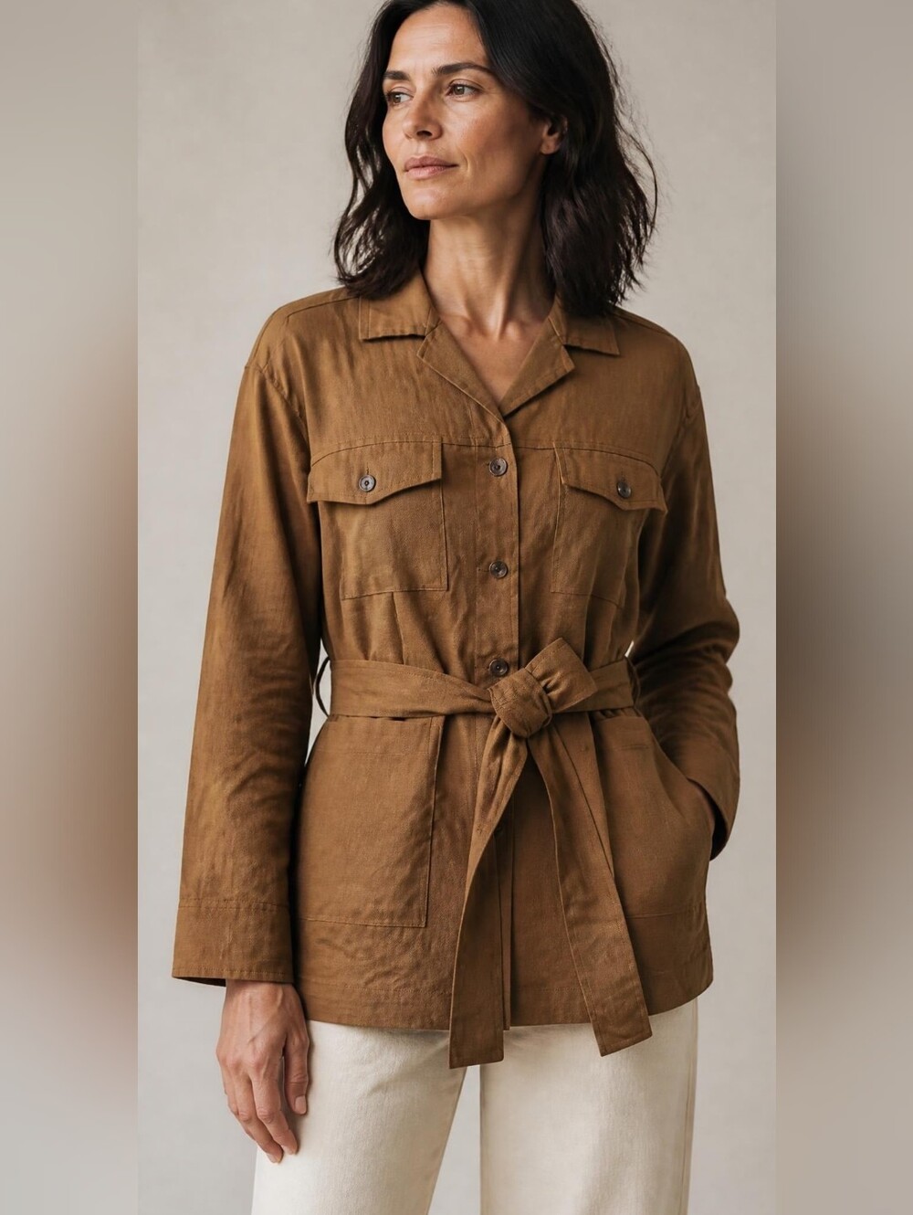 HALSTON Linen Blend Button Down Belted Shacket Sz L